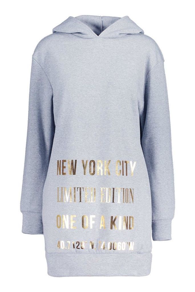 Womens New York Foil Print Roll Neck Sweatshirt Dress - grey - S/M, Grey
