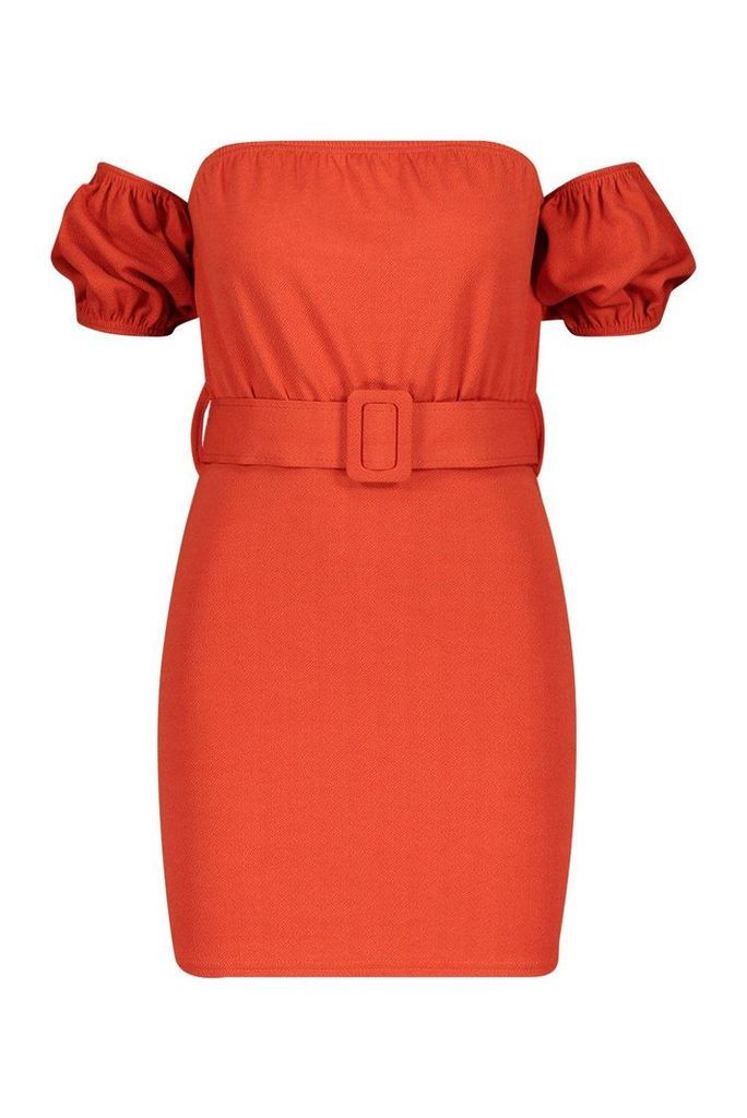 Womens Off The Shoulder Belted Bodycon Dress - orange - 10, Orange