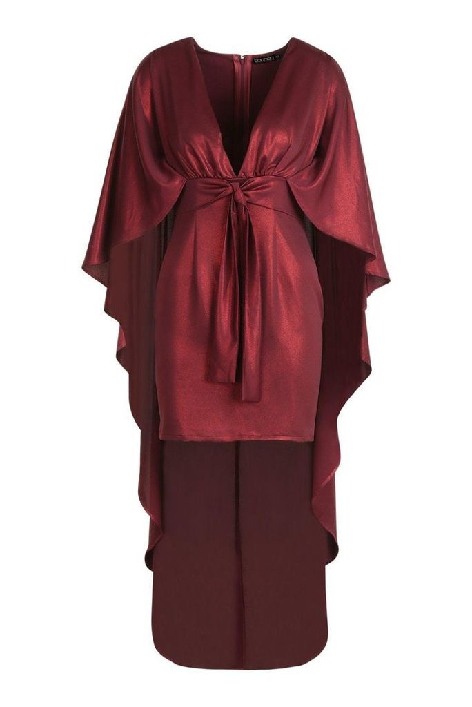 Womens Premium Foiled Satin Belted Cape Dress - red - 14, Red