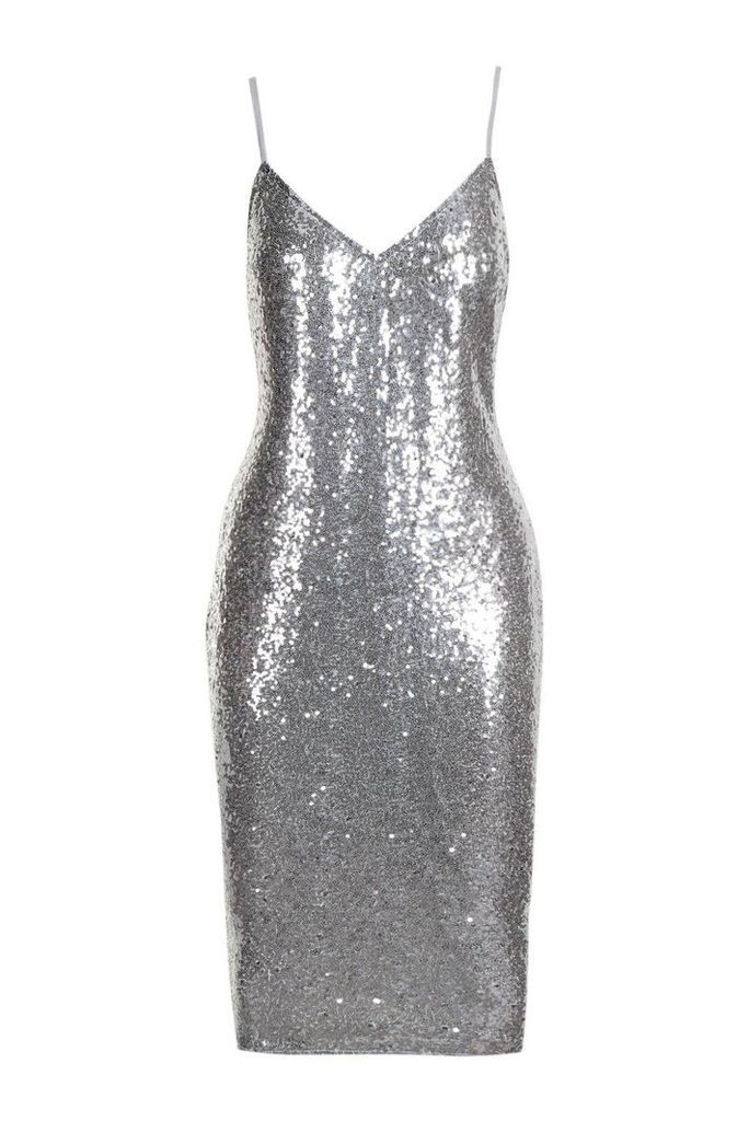 Womens Sequin Plunge Midi Slip Dress - grey - 12, Grey