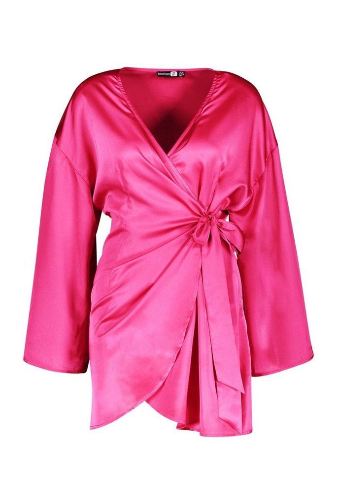 Womens Satin Wide Sleeve Wrap Dress - Pink - 12, Pink