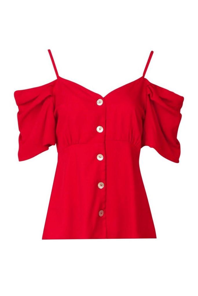 Womens Button Detail Volume Sleeve Top - red - 8, Red