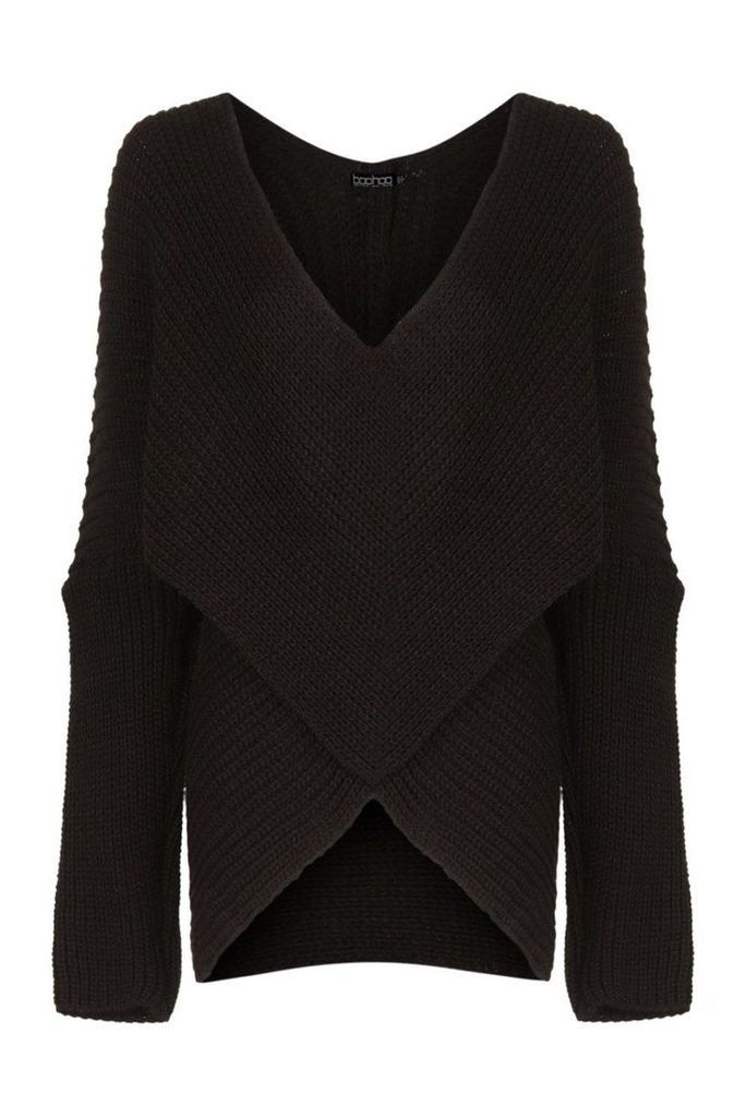 Womens Wrap Front Knitted Jumper - black - S/M, Black