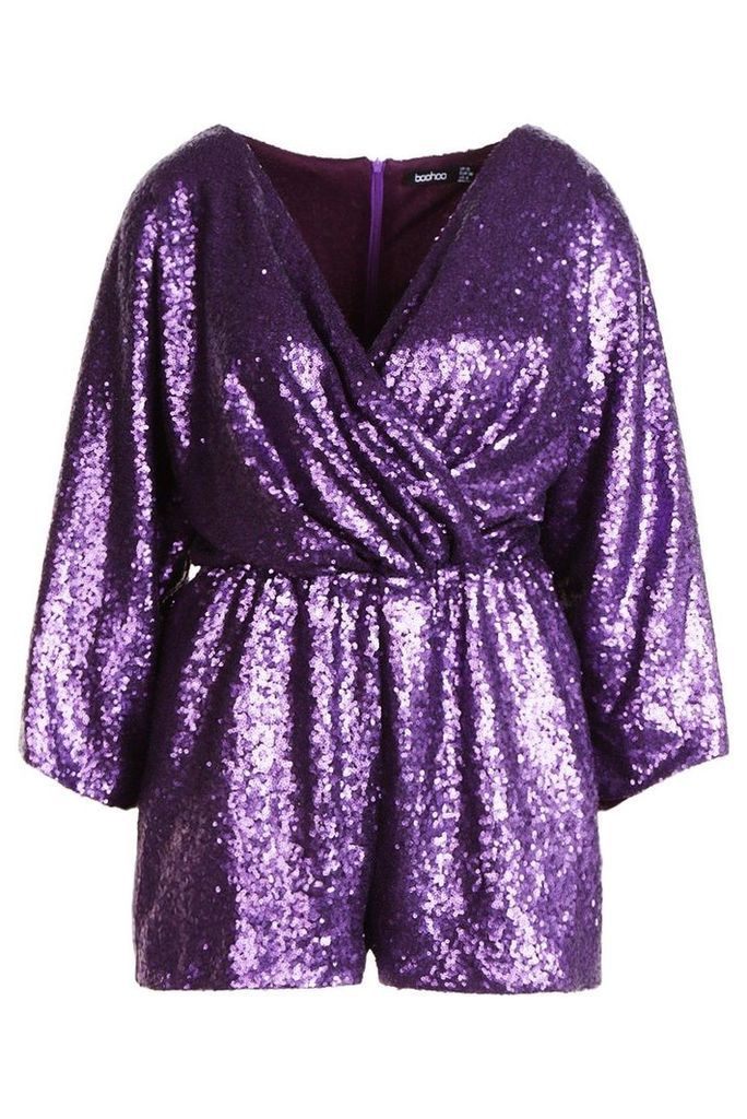 Womens Sequin Twist Front Kimono Sleeve Playsuit - purple - 8, Purple