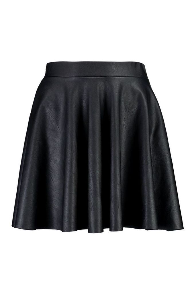 Womens Leather Look Full Skater Skirt - Black - 12, Black