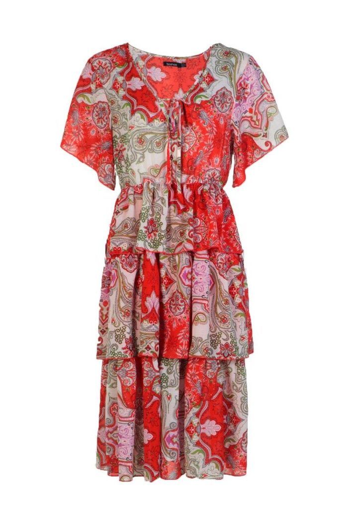 Womens Layered Paisley Print Midi Dress - 12, Red