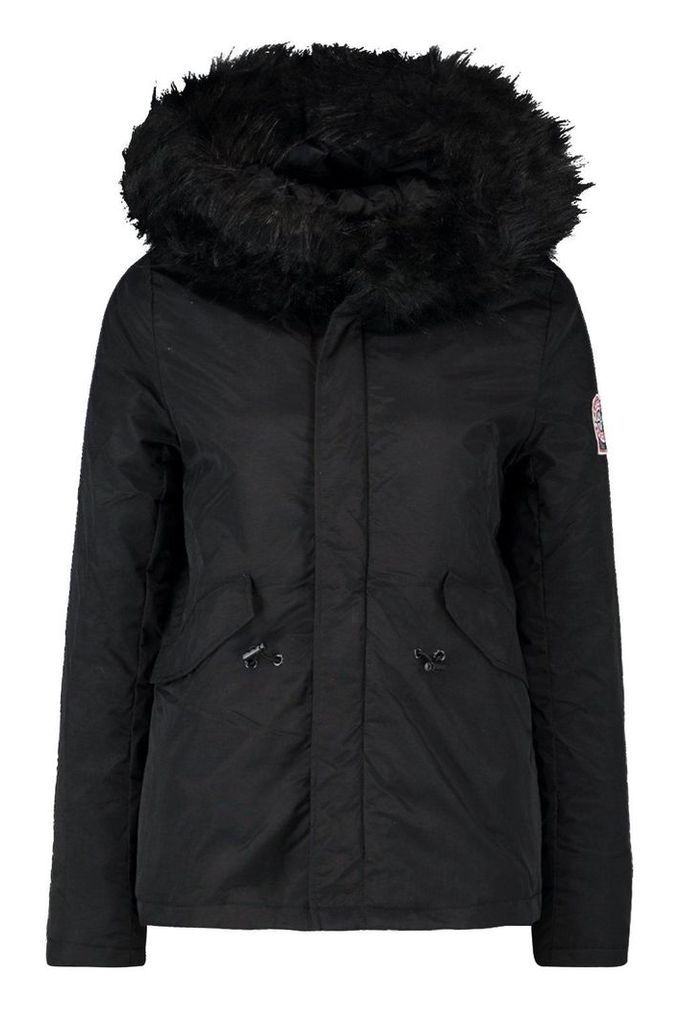Womens Luxe Faux Fur Sporty Parka - black - 14, Black