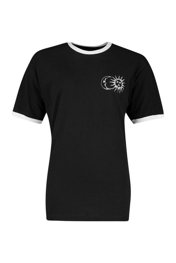 Womens Sun & Moon Ringer T-Shirt - black - 8, Black