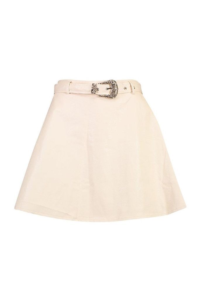 Womens Western Buckle Belted Leather Look Skater Skirt - cream - 10, Cream