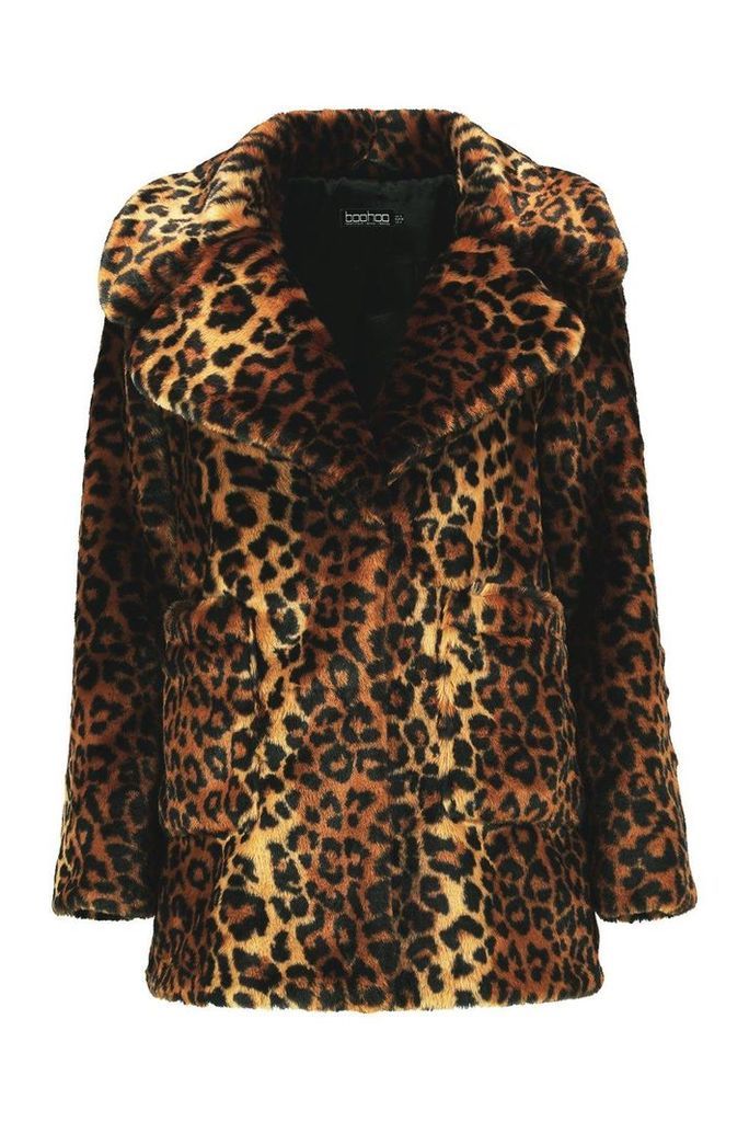 Womens Leopard Faux Fur Coat - Multi - 10, Multi