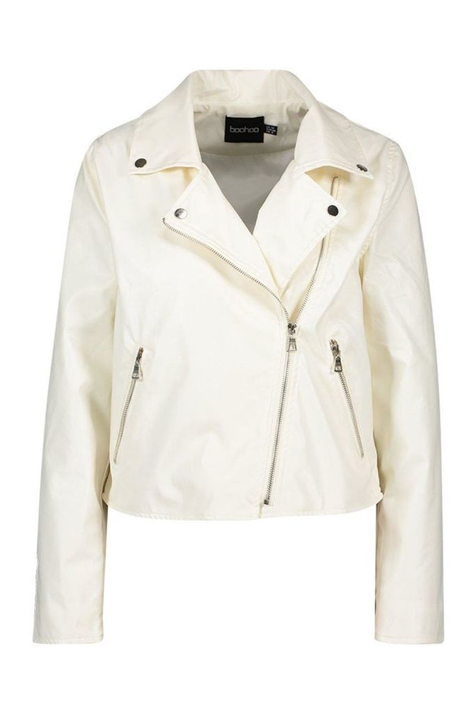 Womens Faux Leather Zip Biker Jacket - white - 10, White