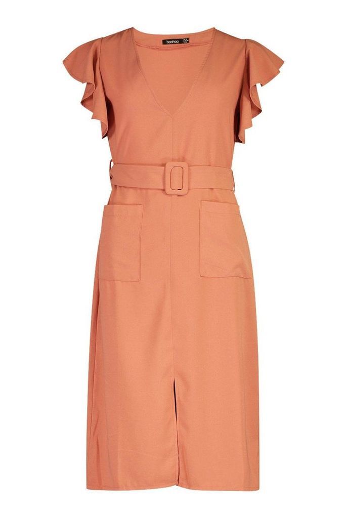 Womens Flared Sleeved Belted Midi Dress - pink - 8, Pink