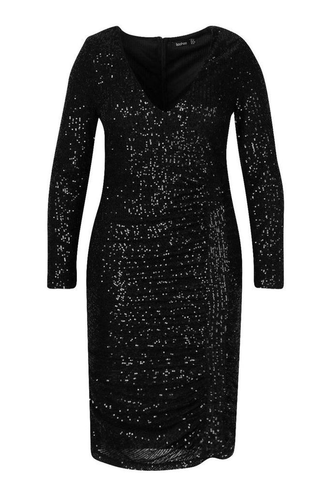 Womens Plus All Over Sequin Ruched Midi Dress - black - 24, Black
