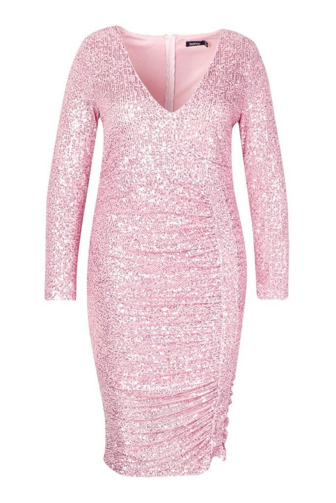 Womens Plus All Over Sequin Ruched Midi Dress - pink - 16, Pink