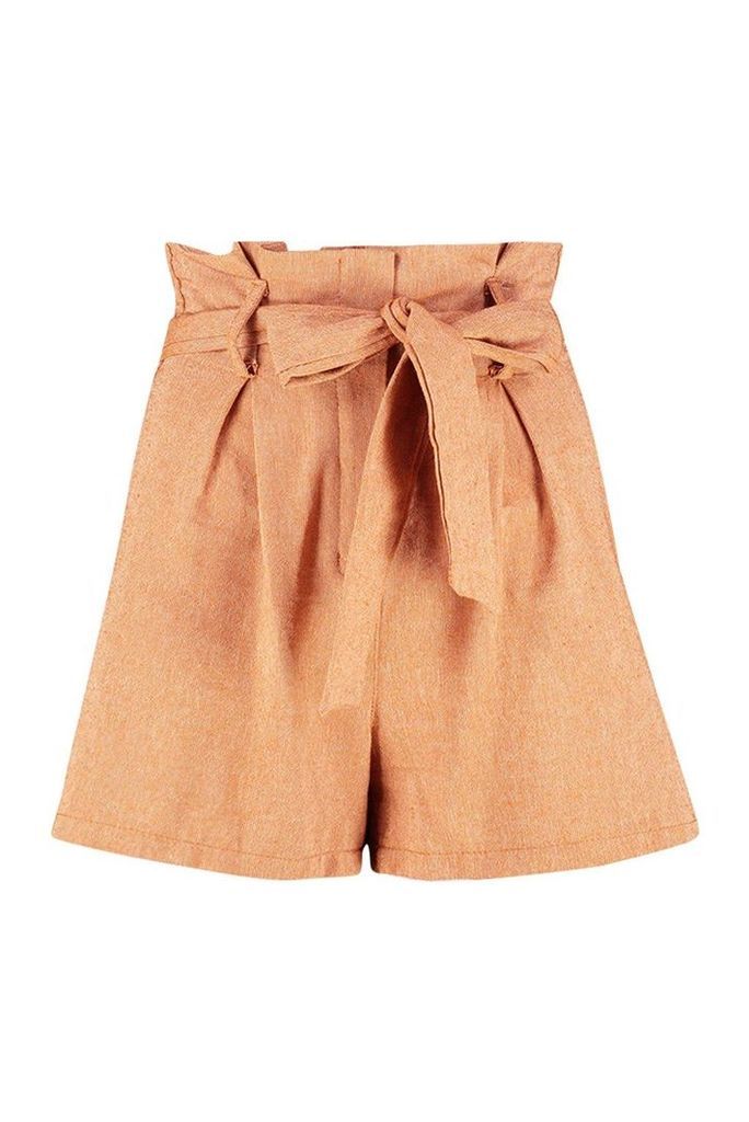Womens Paperbag Tailored Buckle Linen Look Short - orange - 8, Orange