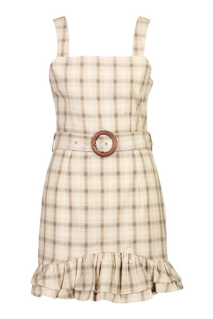 Womens Check Belted Pinafore Dress - Beige - 16, Beige