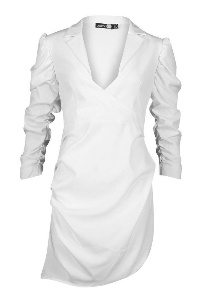 Womens Ruched Fitted Shirt Style Dress - white - 14, White