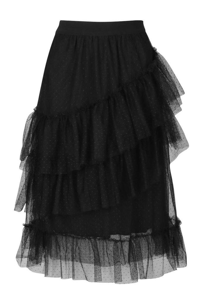 Womens Layered Dobby Mesh Tulle Midi Skirt - black - 8, Black