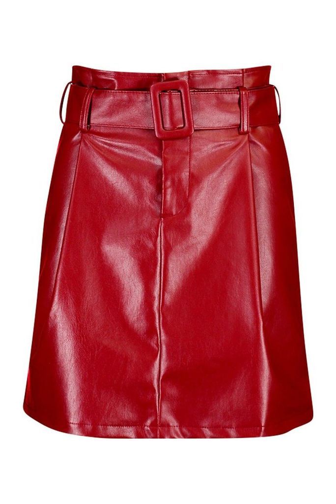 Womens Leather Look Belted Mini Skirt - Red - 16, Red
