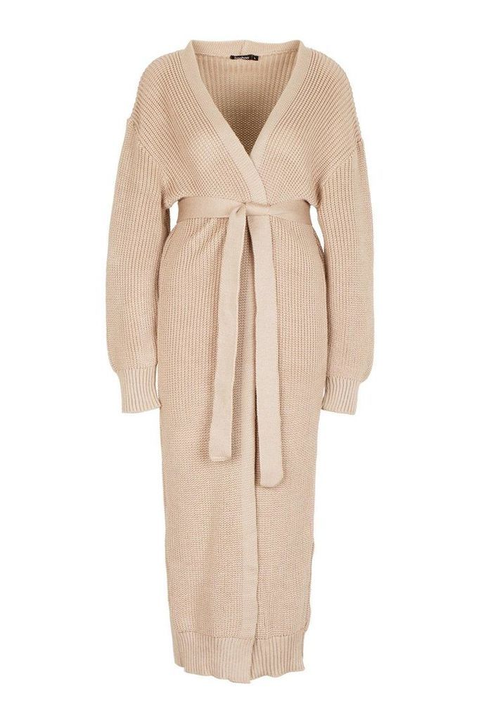 Womens Maxi Belted Knitted Cardigan - beige - M, Beige