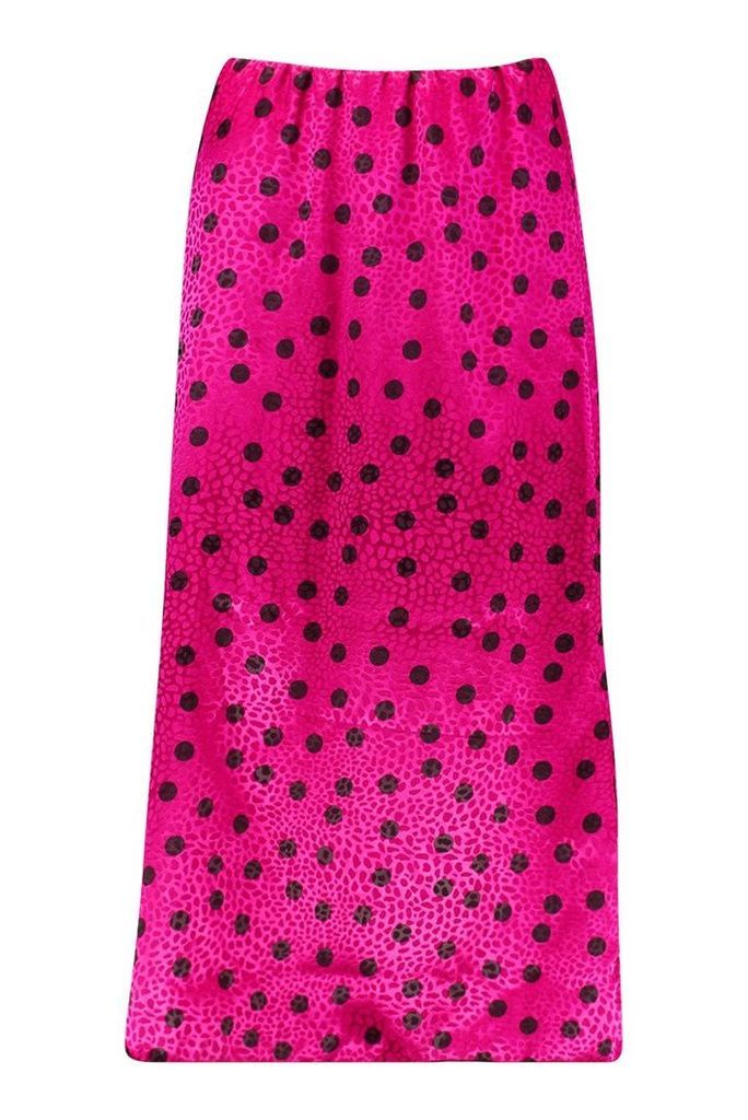 Womens Jacquard Satin Polka Dot Bias Midi Skirt - pink - 14, Pink