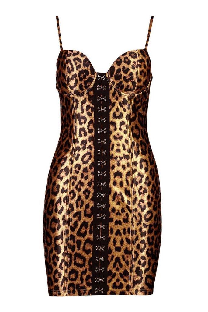 Womens Stretch Satin Leopard Hook & Eye Mini Dress - multi - 8, Multi