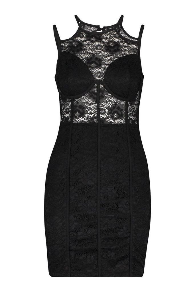 Womens Lace Cupped Mini Bodycon Dress - black - 14, Black