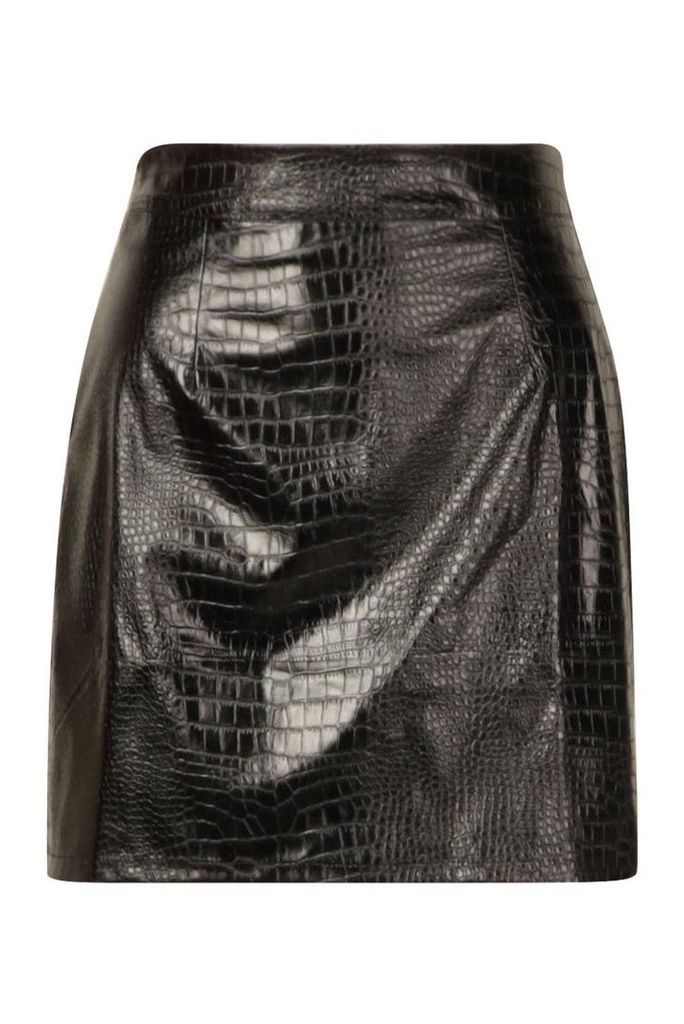 Womens Mock Croc Vinyl Mini Skirt - black - 16, Black