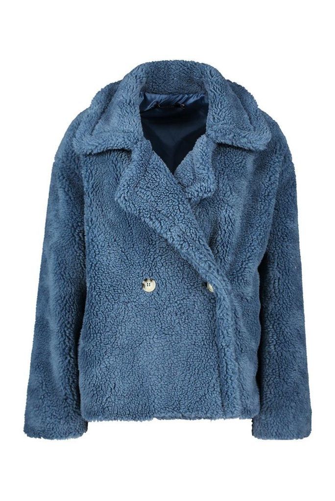 Womens Double Breasted Short Teddy Faux Fur Coat - blue - 14, Blue