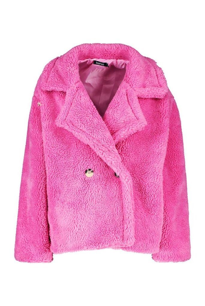 Womens Double Breasted Short Teddy Faux Fur Coat - Pink - 14, Pink