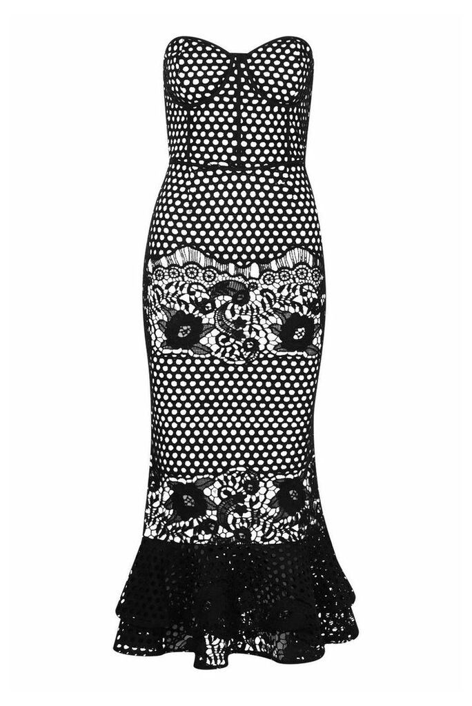 Womens Premium Lace Bandeau Fishtail Midi Dress - black - 10, Black