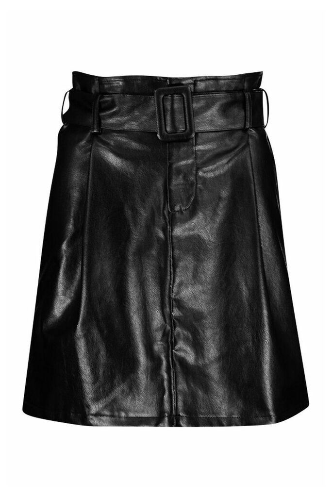 Womens Leather Look Belted Mini Skirt - Black - 12, Black