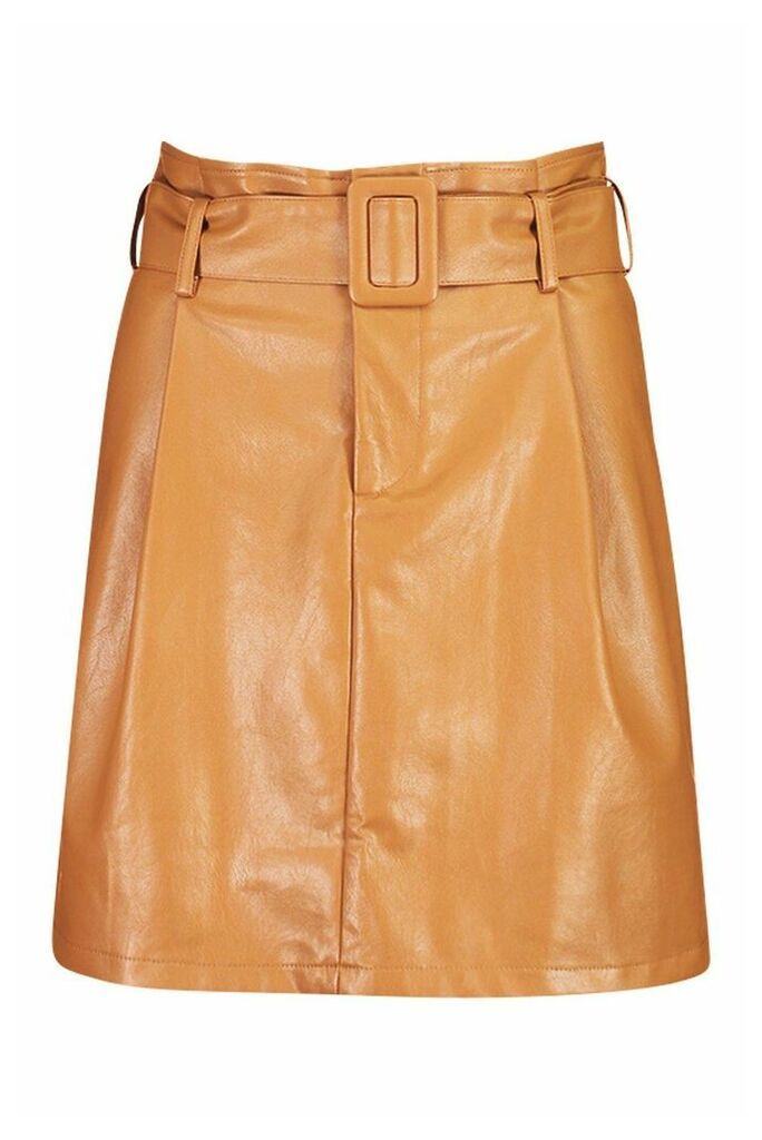 Womens Leather Look Belted Mini Skirt - Beige - 16, Beige