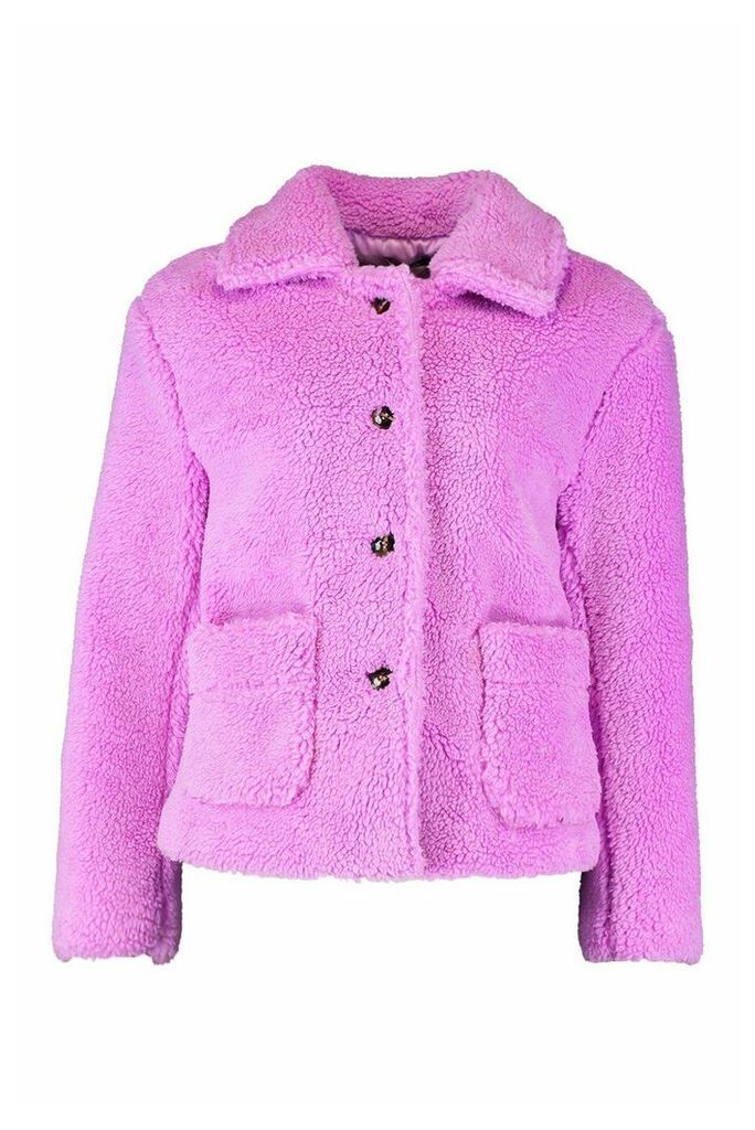 Womens Button Through Teddy Faux Fur Coat - purple - 14, Purple