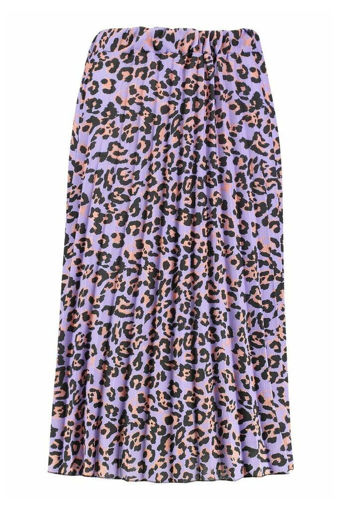 Womens Leopard Print Pleated Midi Skirt - purple - 10, Purple