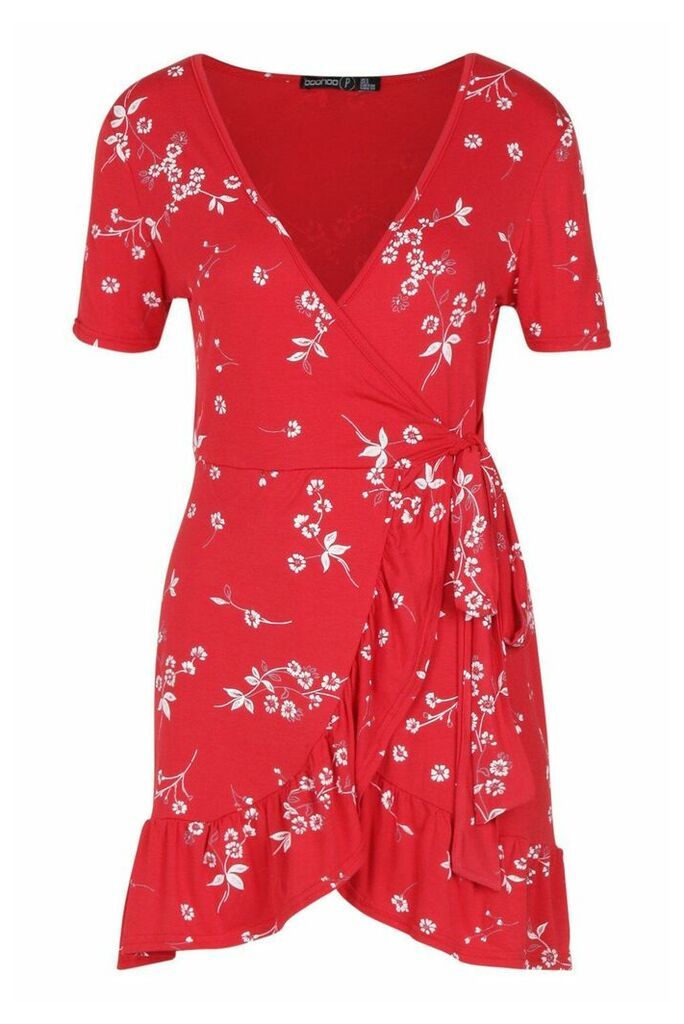 Womens Petite Floral Wrap Frill Hem Dress - red - 12, Red