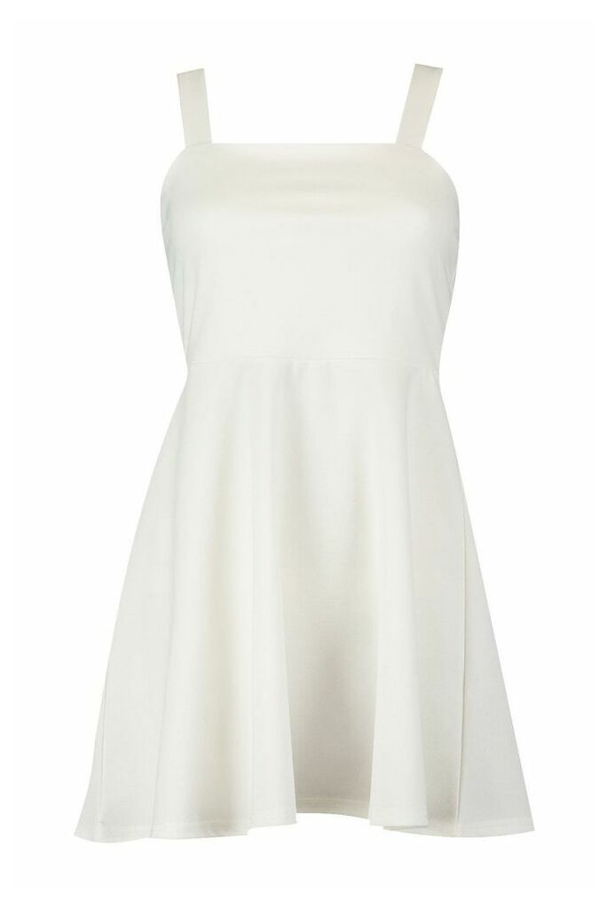 Womens Petite Mckayla Square Neck Strappy Skater Dress - white - 12, White