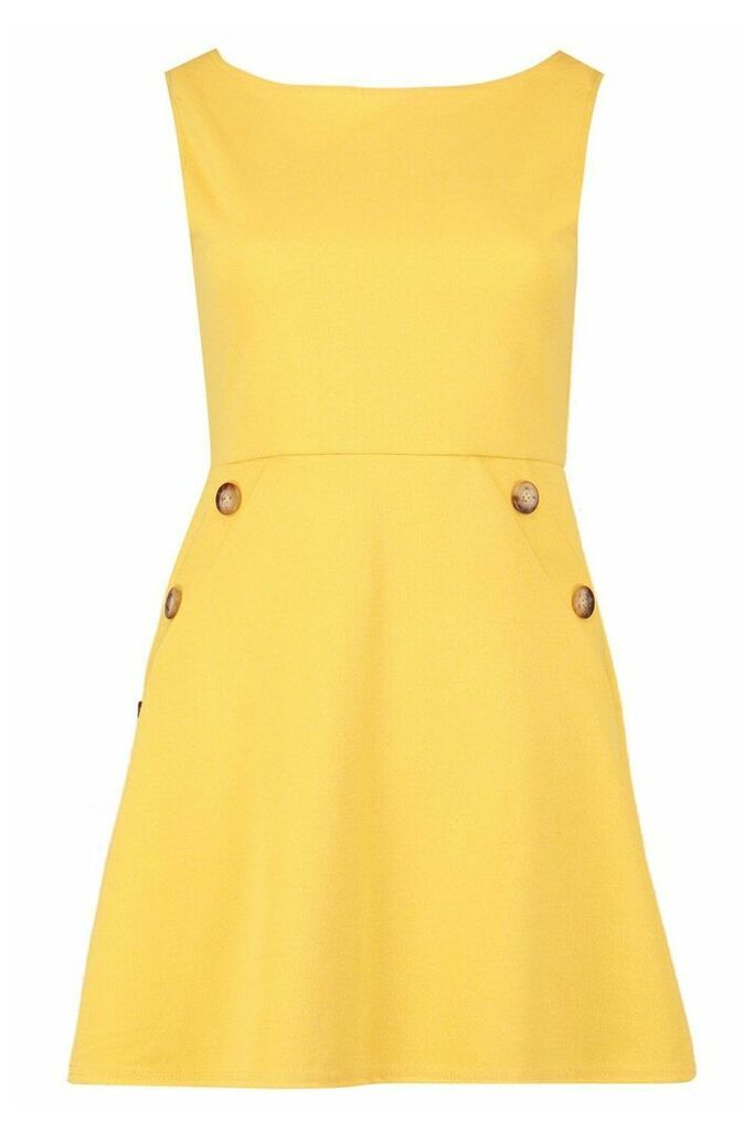 Womens Petite Slash Neck Mock Horn Button Shift Dress - Yellow - 14, Yellow