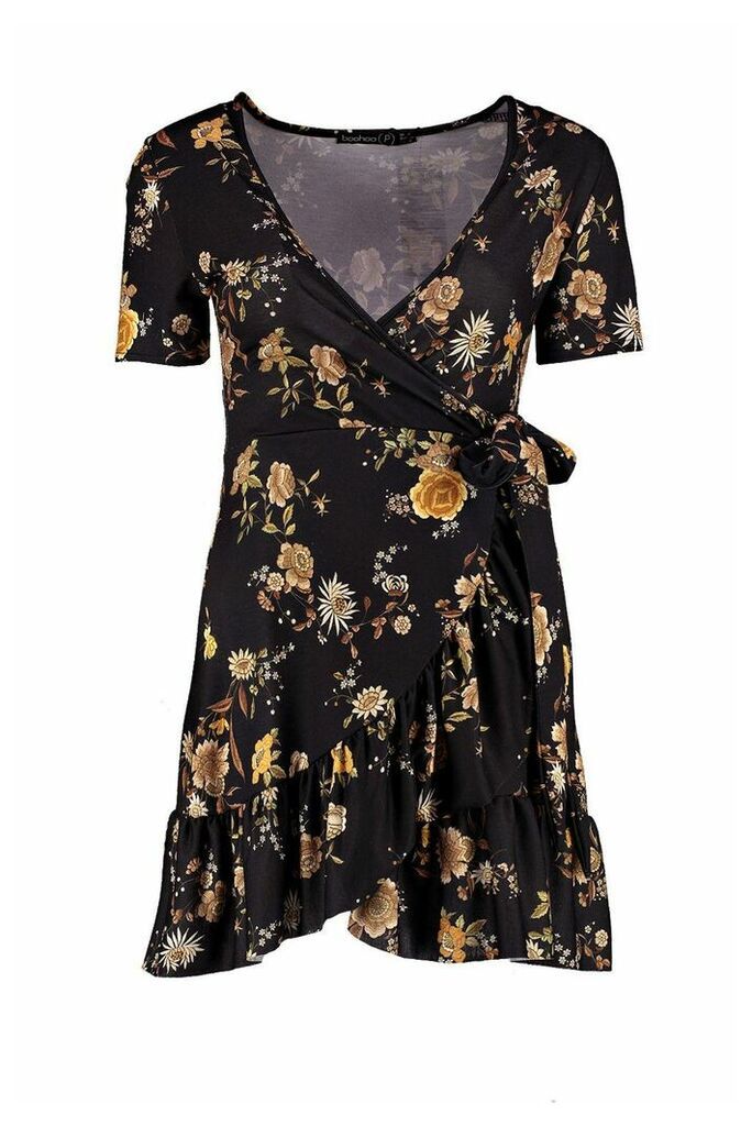 Womens Petite Floral Tea Dress - black - 12, Black