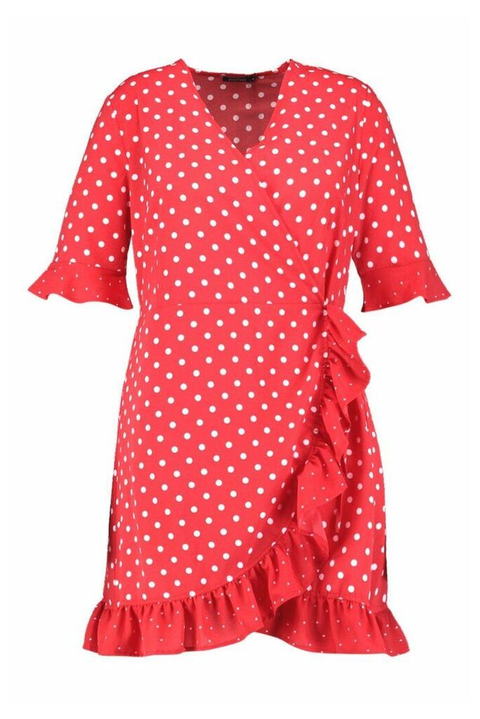 Womens Plus Contrast Spot Ruffle Tea Dress - red - 24, Red