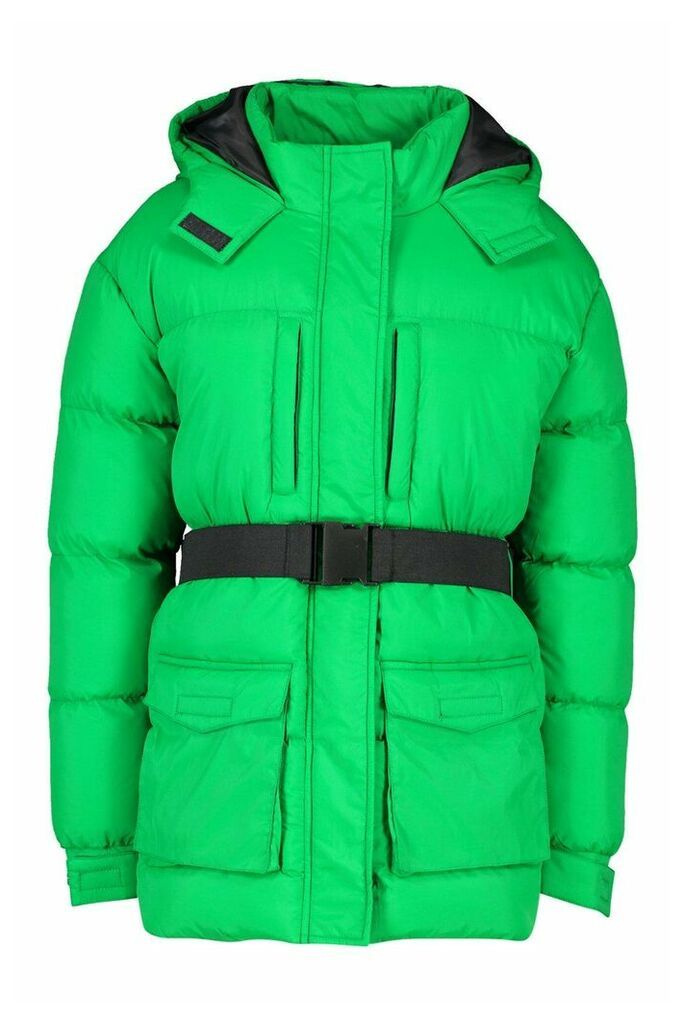 Womens Belted Pocket Detail Padded Coat - green - 14, Green
