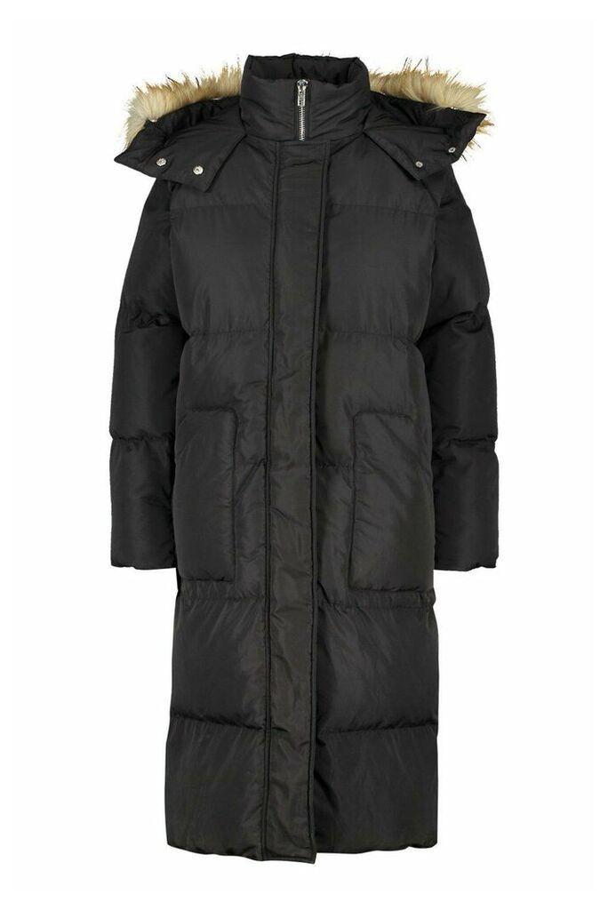 Womens Panelled Faux Fur Hood Padded Coat - black - 14, Black
