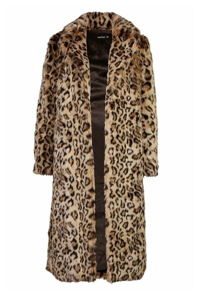 Womens Leopard Faux Fur Longline Coat - brown - 10, Brown
