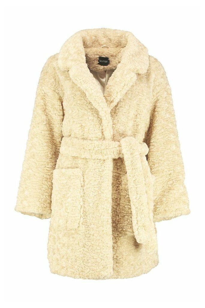 Womens Textured Faux Fur Belted Coat - white - 10, White