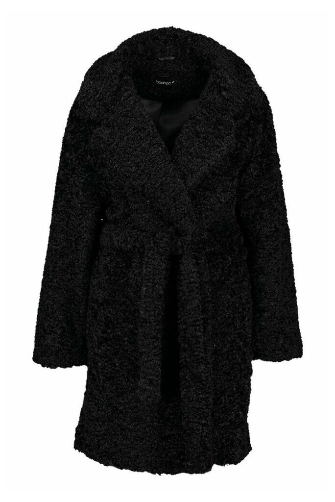 Womens Textured Faux Fur Belted Coat - black - 12, Black