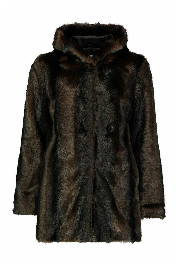 Womens Vintage Style Faux Fur Hooded Coat - brown - 12, Brown