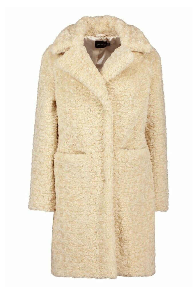 Womens Textured Faux Fur Collared Coat - white - 16, White