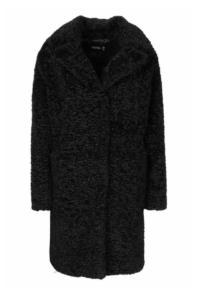 Womens Textured Faux Fur Collared Coat - black - 16, Black