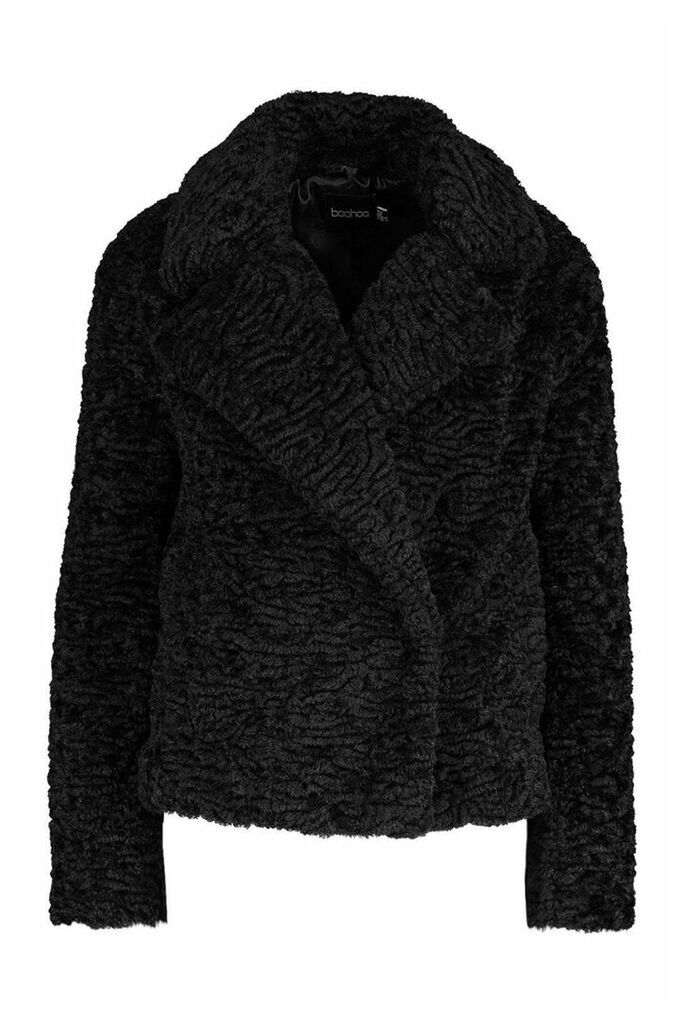 Womens Premium Textured Collared Faux Fur Coat - black - 16, Black