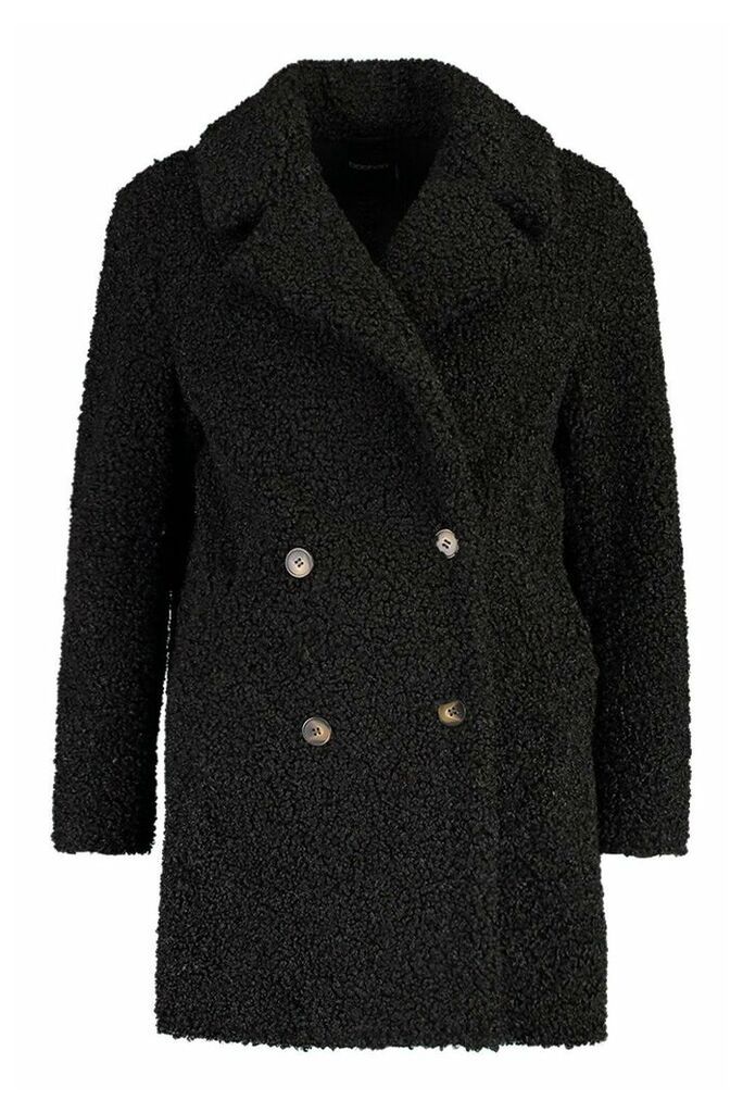 Womens Double Breasted Bonded Faux Fur Teddy Coat - black - 16, Black